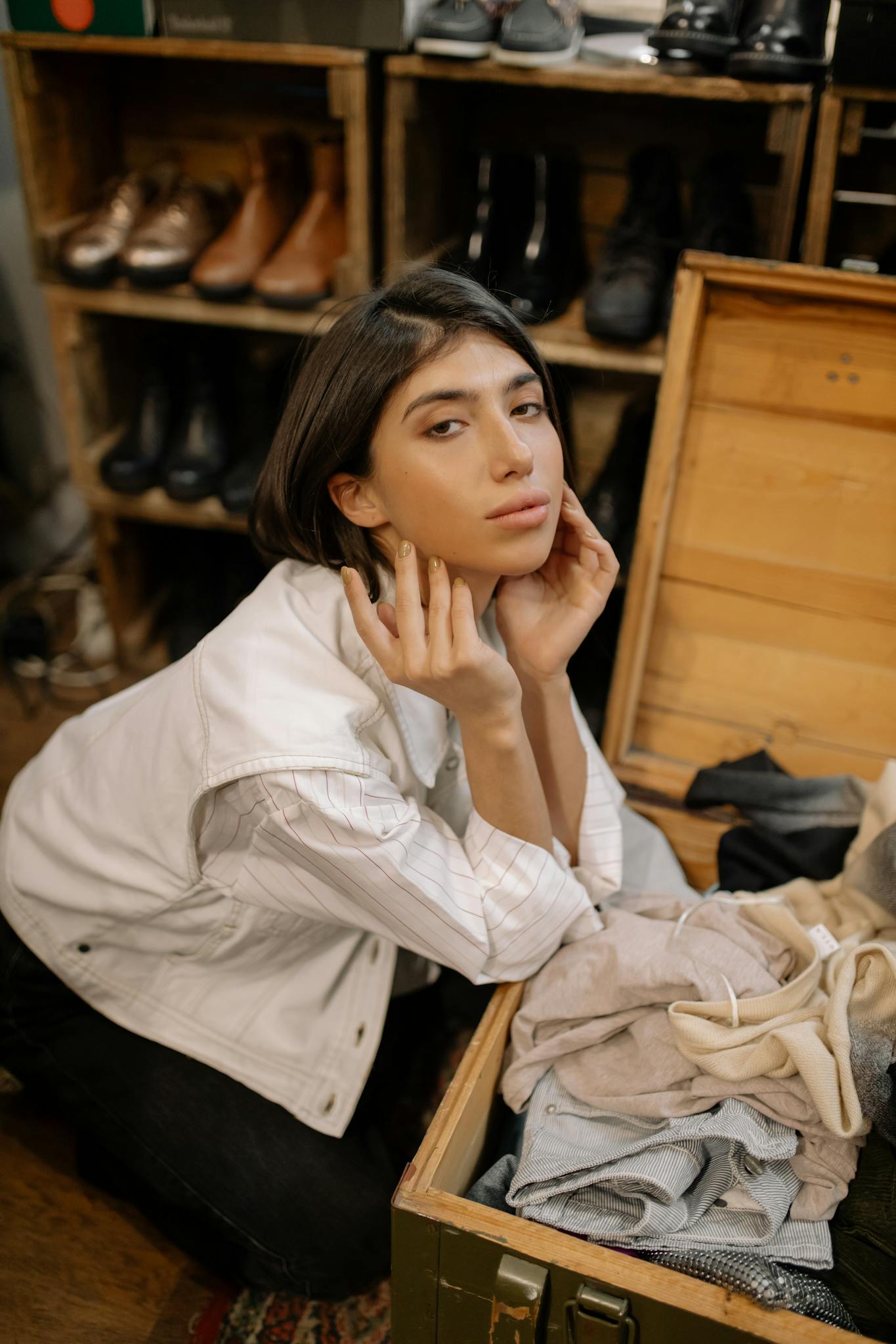 Portrait of a young woman in a vintage clothing store, exploring a wooden box of assorted garments.